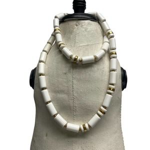 Vintage acrylic white beaded necklace 28” w goldtone accents
